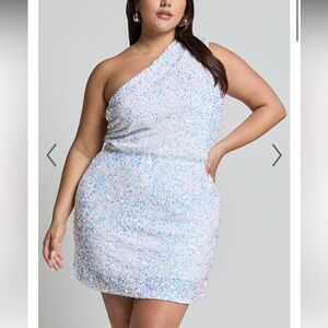 One shoulder white sequin iridescent mini dress
